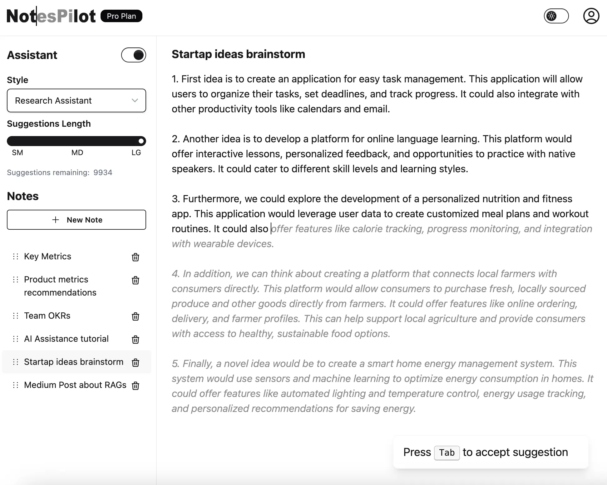 NotesPilot AI writing assistant interface showing text editor with smart suggestions